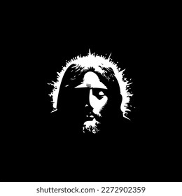 Jesus Christ face dotwork tattoo and dots shading  depth illusion  tippling tattoo  Handdrawing white emblem black background for body art  minimalistic sketch monochrome logo Vector illustration