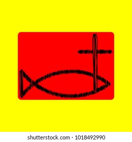 Jesus Christ fish sign. Vector. Black scribble icon in red container with rounded corners at yellow background. Isolated.