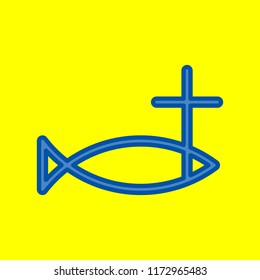 Jesus Christ fish sign. Vector. Office style blue icon at yellow background.