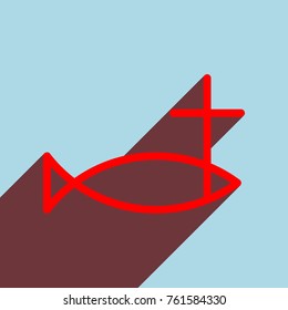 Jesus Christ fish sign. Vector. Red flat icon with infinte wine shadow to left down corner at sky background.