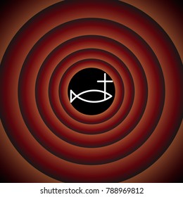 Jesus Christ fish sign. Vector. White icon on black circle in gradient rings.
