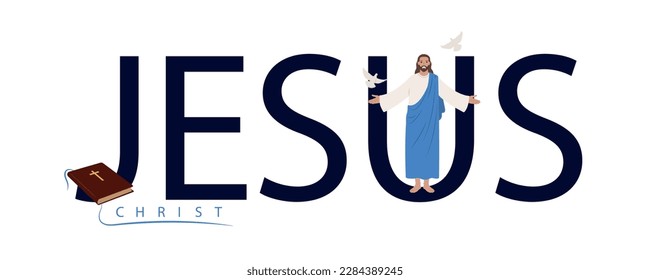 Jesus christ flat text with holy bible and flying white doves vector illustration