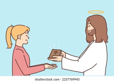 Jesus Christ give bible to smiling little girl child. God hand religious book to happy small kid teach religion. Faith and belief. Vector illustration. 