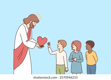 Jesus Christ gives love to children, wanting to save little innocent people of different races and religions. Jesus Christ conveys heart to pre-teen boys and girls from catholic community