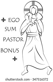 Jesus Christ the Good Shepherd, abstract drawing vector illustration, with inscription in Latin: "I am the Good Shepherd".