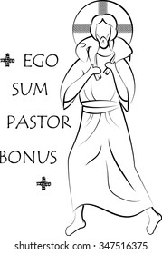 Jesus Christ the Good Shepherd, abstract drawing vector illustration, with inscription in Latin: "I am the Good Shepherd".