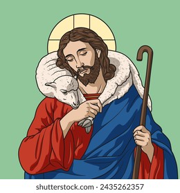 Jesus Christ the Good Shepherd carrying a sheep Colored Vector Illustration