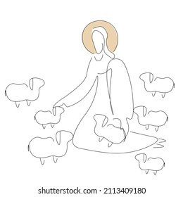 Jesus Christ the good shepherd with the lambs line drawing silhouette on white background vector illustration