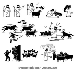 Jesus Christ The Good Shepherd. Vector illustrations depict Jesus Christ rescue and protect his sheep. Hire hand running away from wolf and thieves climbing over the wall to steal sheep. Sheep naming.