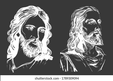 Jesus Christ, graphic portrait inversion. Hand drawing. Vector set