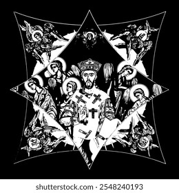 Jesus Christ the greatest Bishop on cross dome with 4 apostles, angels and seraphim. Ink illustration black and white in Byzantine style isolated