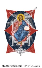 The Jesus Christ the greatest Bishop sitting on the throne in Byzantine style isolated