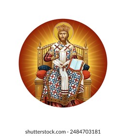 Jesus Christ the greatest Bishop sitting on the throne illustration in Byzantine style isolated