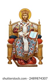 Jesus Christ the greatest Bishop sitting on the throne Christian illustration in Byzantine style 