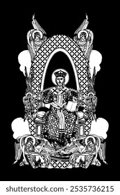 The Jesus Christ the greatest Bishop sitting on the throne. Illustration with angels and seraphim in heaven black and white in Byzantine style