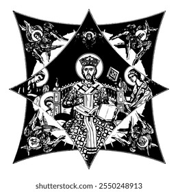 Jesus Christ the greatest Bishop sitting on the throne on cross dome with 4 apostles, angels and seraphim. Ink illustration black and white in Byzantine style isolated