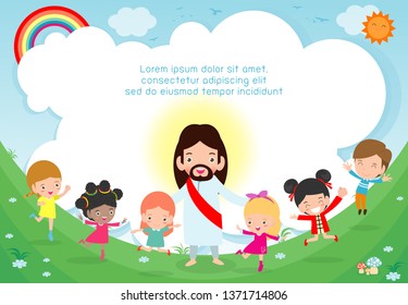 Jesus Christ and Group of happy children, Multicultural kids in the background. Template for advertising brochure. Ready for your message. vector illustration