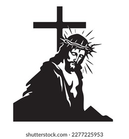 Jesucristo. Ilustración vectorial dibujada a mano. Silueta negra svg de Jesús, corte por láser cnc.