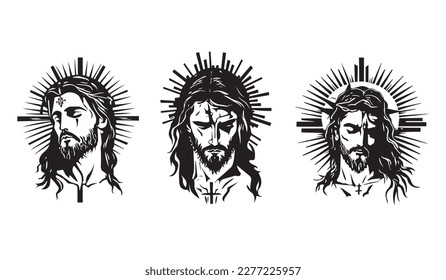 Jesus Christ. Hand drawn vector illustration. Black silhouette svg of Jesus, laser cutting cnc.