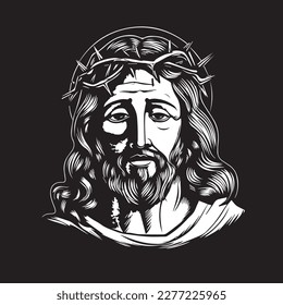 Jesucristo. Ilustración vectorial dibujada a mano. Silueta negra svg de Jesús, corte por láser cnc.