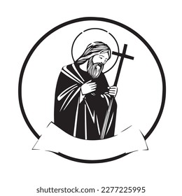 Jesucristo. Ilustración vectorial dibujada a mano. Silueta negra svg de Jesús, corte por láser cnc.