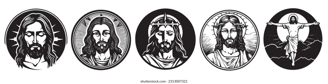 Jesus Christ hand drawn vector illustration, black silhouette laser cutting