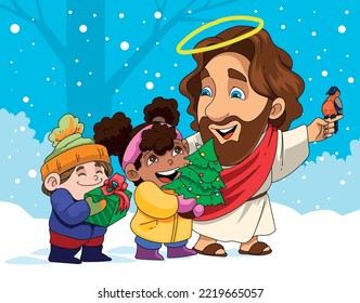 Jesus Christ with happy children. Christmas card. Vector illustration.
