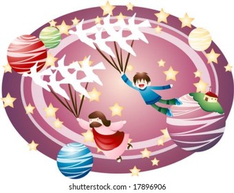 Jesus Christ and Happy Christian - flying in the beautiful universe with a lovely young boy on violet background : vector illustration