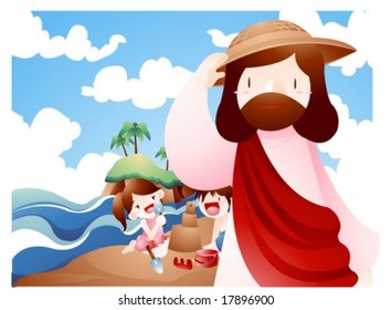 Jesus Christ and Happy Christian - playing on the sandy beach with lovely young children : vector illustration