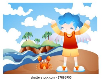 Jesus Cristo e o cristão feliz - brincando na praia com um jovem adorável : ilustração vetorial