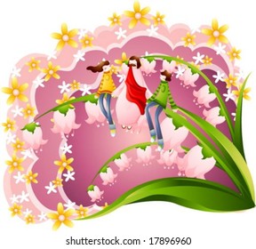 Jesus Christ and Happy Christian - sitting with lovely and cute young children on violet background : vector illustration