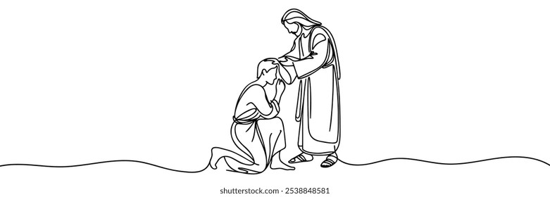 Jesus Christ healing a man Continuous one line drawing.