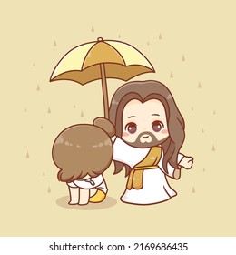 Jesus christ helps people who are sad crying, troubled, and in calamity concept cartoon