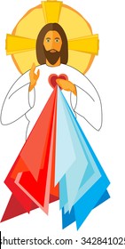 Jesus Christ with his Sacred Heart Divine Mercy, blessing. Vector illustration.