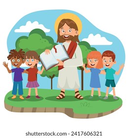 Jesus Christ holding the Bible alongside children of various ethnicities, Bible teaching for children, vector illustration