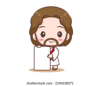 Jesucristo sostiene caricatura vacía. Ilustración de mascota. Fondo blanco aislado. Historia bíblica Religión y fe.