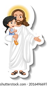 Jesus Christ holding a kids sticker on white background illustration