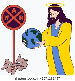 Jesus Christ holds the globe in his hands. Near the Lord there is a sign against war, which stands on the bones.