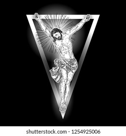 Jesus Christ hover on triangle tattoo. New age sacred geometry symbol of Christianity prayer and religion. Mystical concept of spirituality and sacred religious magic secret. Prophet in space. Vector.