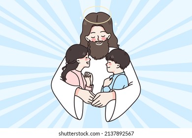 Jesus Christ hug cuddle small kids give love and care. Attentive father lord embrace little children share good emotions and help. Faith and religion concept. Flat vector illustration. 