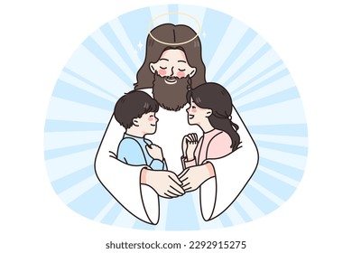 Jesus Christus umarmt kuschelige kleine Kinder geben Liebe und Fürsorge. Der aufmerksame Vaterlord umarmt kleine Kinder, die gute Emotionen und Hilfe teilen. Glaube und Religion. Flache Vektorgrafik.