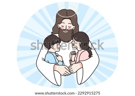 Jesus Christ hug cuddle small kids give love and care. Attentive father lord embrace little children share good emotions and help. Faith and religion concept. Flat vector illustration.