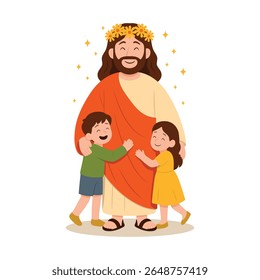 Jesus Cristo abraçando crianças felizes. Amor cristão, bondade e conceito de cuidado. Personagem religioso com crianças isoladas sobre fundo branco. Ilustração de vetor de desenhos animados.