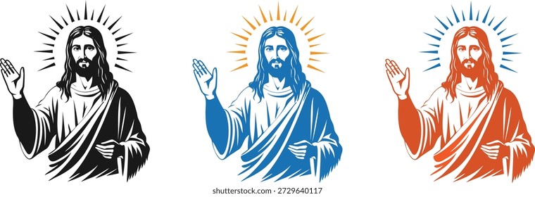 Conjunto de iconos de Jesucristo, tres variaciones del salvador con halo y gesto de bendición, símbolo religioso Arte vectorial