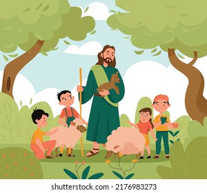 Jesus Christ and kids background with Bible and lambs symbols flat vector illustration