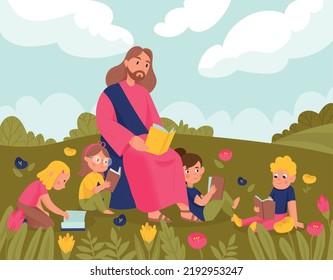 Jesucristo y los niños de fondo con lectura de la Biblia y símbolos religiosos ilustración plana vectorial