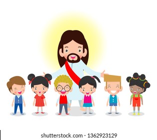 Jesus Christ and Kids, children with Jesus Christ, Christianity design isolated on white background vector illustration