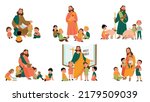 Jesus Christ and kids set with Bible flat isolated vector illustration