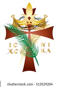 Jesus Christ the King of Universe- religious illustration with a cross, crown, and palm branches, with inscription IC XC NIKA / Jesus Christ the Victor