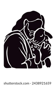 Jesus Christ and the Lamb black silhouette drawing.Easter Christian Stencil Poster.Bible verses.Printable Canvas Wall Art .Good Shepherd.Holding sheep. 
 Sticker. Cricut Plotter Laser cutting.Print.